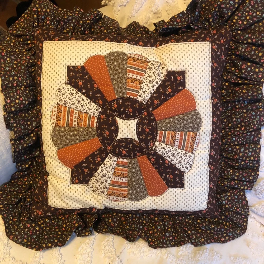 Vintage 70s Patchwork Quilted Ruffled Throw Pillow Cottage Grannycore